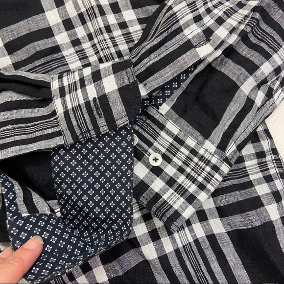 Bugatchi Uomo Blk & white plaid linen button down - Picture 3 of 7